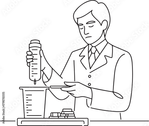 Continuous line pharmacist measuring dosage illustration for medical and pharmaceutical design