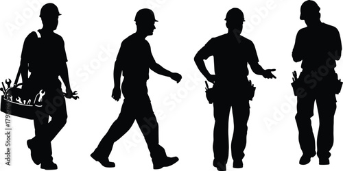 Silhouette construction workers with tools, industrial labor team illustration, worker figures carrying equipment, professional crew silhouettes for building, maintenance, engineering