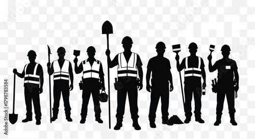 Silhouette group of construction workers holding tools, wearing safety vests, standing in line, industrial labor team illustration, building workforce graphic design element