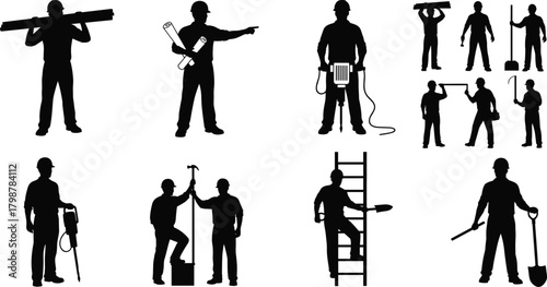 Silhouette illustration of construction workers performing various tasks with tools and equipment, industrial labor team, building workforce actions, professional engineering crew in multiple