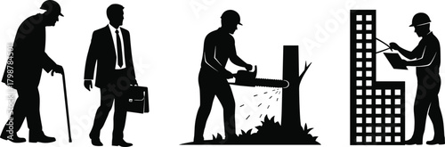 Silhouette illustration of elderly person walking with cane, businessman carrying briefcase, worker cutting tree with chainsaw, construction inspector checking building structure