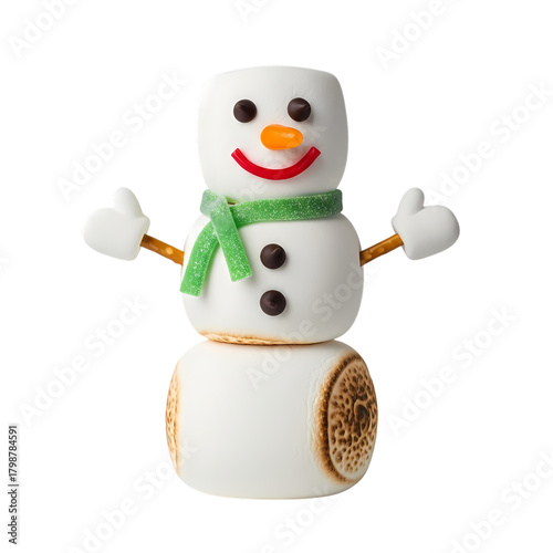 Whimsical marshmallow snowman with pretzel arms, candy face, and green scarf brings holiday cheer to any festive scene