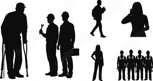 Silhouette people in various occupations, workers and professionals in different poses, diverse human figures illustration, industrial team and everyday character silhouettes for design projects