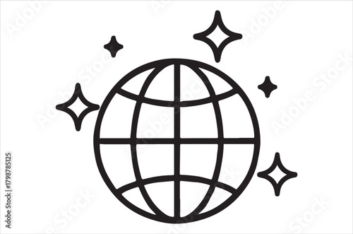 Simple black and white illustration of the earth with sparkling star icons around it