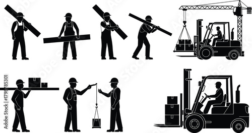 Silhouette set of construction workers carrying beams, forklift transporting boxes, crane lifting materials, industrial labor teamwork and material handling elements for construction industry