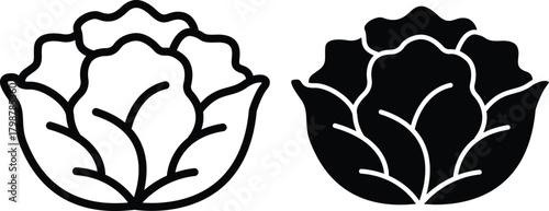 Fresh Green Cabbage Head Leafy Vegetable Outline And Solid Food Vector Silhouette and Pictogram..eps