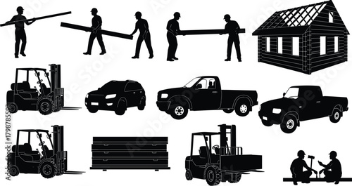 Silhouette set of construction workers lifting beams, forklifts, pickup trucks, building frame structure, lumber materials, teamwork and industrial activity elements for construction industry