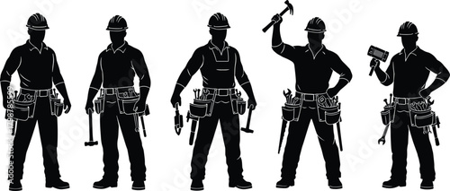 Silhouette set of construction workers holding tools, wearing safety gear and tool belts, industrial labor teamwork and professional craftsmanship concept for building and construction industry