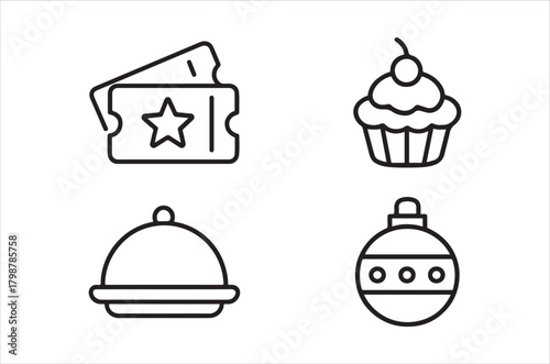 Simple line icons depicting a slice of cake ticket cupcake and serving dishes