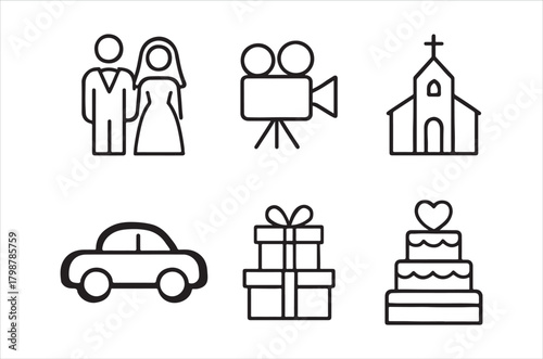 Wedding symbols set couple church film car gifts and cake icons