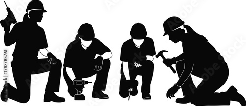 Silhouette workers kneeling with tools, construction teamwork illustration, labor crew using equipment, industrial job teamwork scene, professional builders working together on project