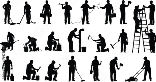 Silhouette workers performing construction, plumbing, cleaning, painting, gardening, and maintenance tasks with tools, ladders, equipment, and machinery in diverse professional labor environments