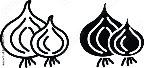 Two Fresh Organic Onions Or Shallots Food Ingredient Outline Vector Silhouette and Pictogram..eps