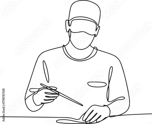 Continuous line surgeon holding scalpel in operation illustration for surgical and medical design