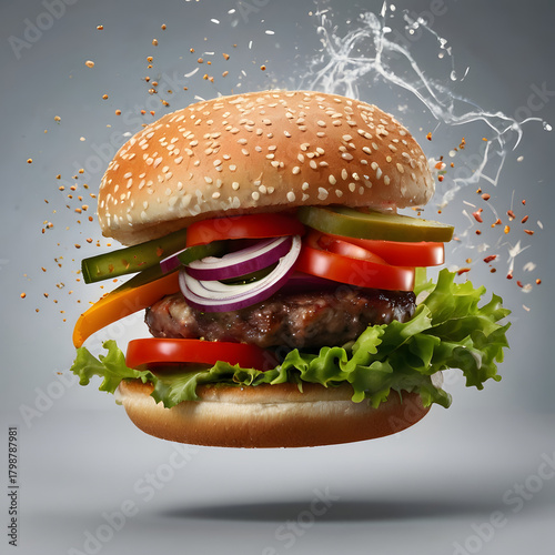 Hamburger with fries on a plate on the table