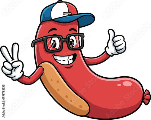 Funny sausage cartoon character mascot, smiling hot dog with cap and glasses, peace sign and thumbs up vector illustration design
