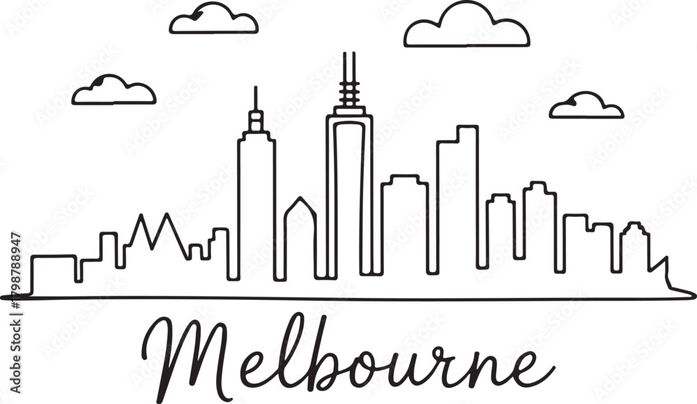Naklejka premium One line minimalist drawing of Melbourne skyline illustration for modern cityscape design
