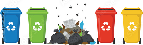 Garbage bins with recycling symbols, mixed waste pile with flies, environmental pollution awareness, waste segregation importance, cad drawing flat vector illustration