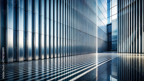 Modern architectural perspective of a sleek building facade with vertical metallic panels and geometric shadows on a reflective floor