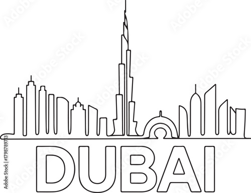 One continuous line drawing of Dubai city skyline illustration for travel and modern architectural design