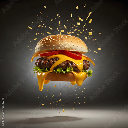Burger and cheeseburger fast food meal with beef cheese and vegetables