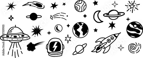 Hand drawn space theme vector illustration set with UFOs, rockets, planets, stars, comets, and astronauts in a doodle art style. 