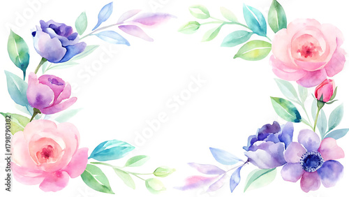 Soft Watercolor Floral Frame Border with Pastel Leaves