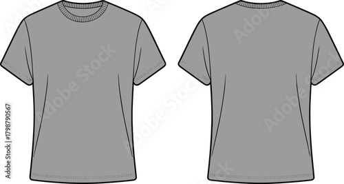 Gray t-shirt front and back view, short sleeve crew neck, fashion flat sketch, vector apparel template, casual clothing design