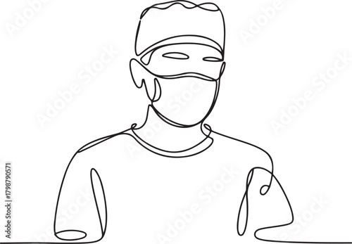Single continuous line art of surgeon wearing mask and cap illustration for medical and surgical design