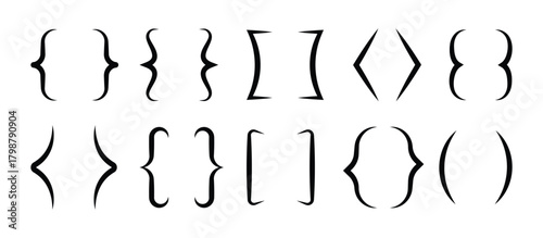 Black bracket set. Different Text brackets, braces, quote, text box icons set. Curly punctuation decorations, decent parenthesis vector kit.