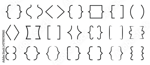 Black bracket set. Vintage speech brackets, line text braces calligraphy symbols. Collection of different text brackets, braces, quote, text box icons.