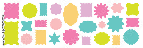 Collection of colorful round and oval, rectangular and square, circle shapes with curvy edges. Empty scalloped box, sticker, tag or label templates isolated on white background.