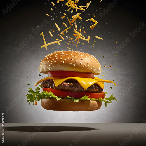 Delicious hamburger on black background with lettuce tomato and cheese