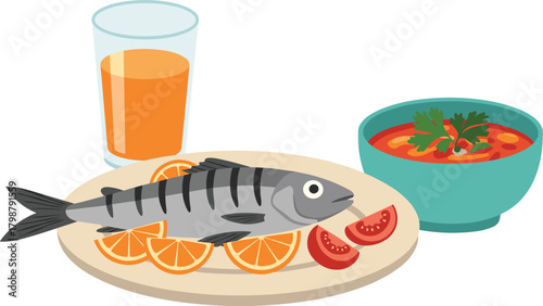 Grilled fish with vegetables and soup, healthy meal vector illustration, colorful flat style food artwork, nutritious lunch dinner restaurant drawing