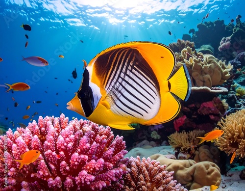 Vibrant Butterflyfish and Coral Reef Ecosystem Flourishing in Azure Waters