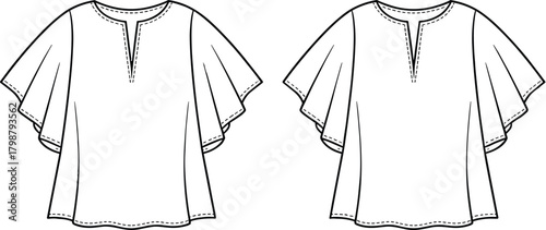 Flutter sleeve blouse flat, vector fashion sketch, round neck top, CAD drawing, women’s apparel design, garment template