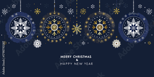 Elegant christmas and new year greeting card with snowflakes and ornaments on a dark blue background