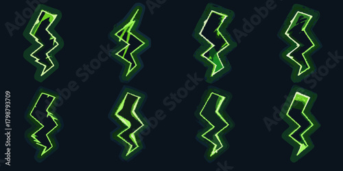 Collection of eight stylized green lightning bolt icons with a dark background