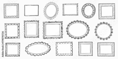 Collection of hand drawn decorative picture frames and borders in various shapes and styles