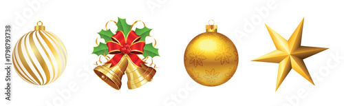 Christmas Vector Set – Golden Ornaments, Bells, Holly Leaves, Decorative Baubles and 3D Star Elements for Holiday Design, Festive Greeting Cards, Winter Celebration and Seasonal Decoration