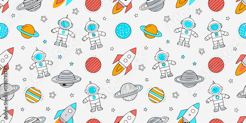 Cute hand drawn space pattern featuring astronauts rockets planets and stars