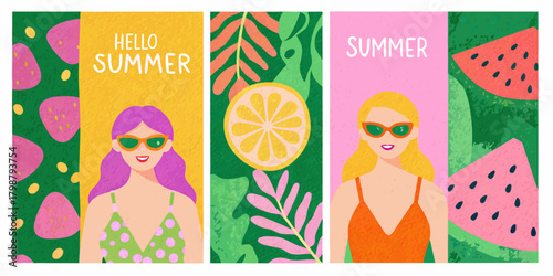 Vibrant summer illustrations featuring happy women and tropical fruits with hello summer text