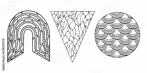 Three abstract black and white geometric shapes with intricate line patterns on a white background