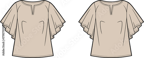 Flutter sleeve blouse, beige top, fashion flat sketch, cad drawing, curved seams, neckline notch, vector apparel design, cad drawing flat vector illustration