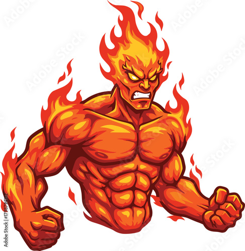 Flaming muscular humanoid, fiery elemental warrior, burning fantasy monster, glowing flame creature, powerful heat energy figure, intense supernatural fire illustration