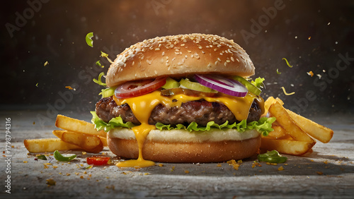Hamburger on a plate with cheese and toppings on black and wooden background