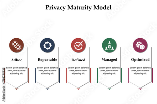 Five aspects of Privacy Maturity Model. Infographic template with icons and description placeholder