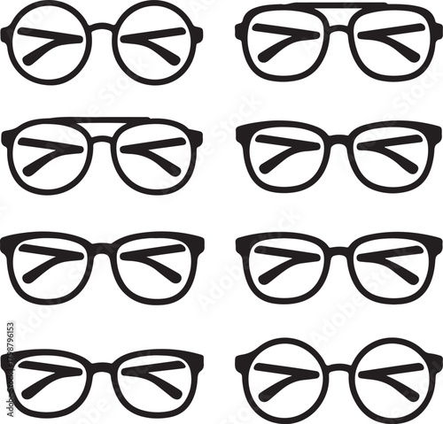 Black and White Silhouette Vector Set of 9 Eyeglass Designs Round Frame Square Frame Aviator Cat Eye Wayfarer Rectangle Rimless Oval Oversized Style
