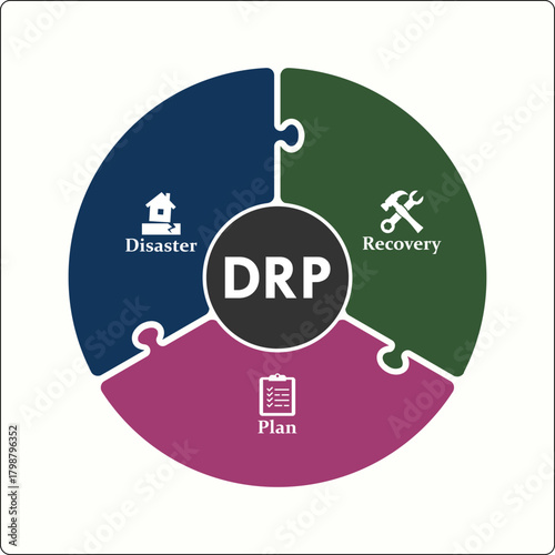 DRP - Disaster recovery plan acronym. Infographic template with icons and description placeholder
