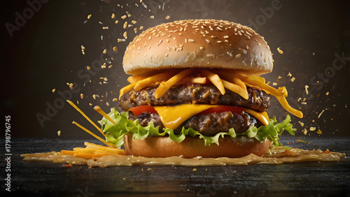 Burger and hamburger on a white plate with cheese and toppings